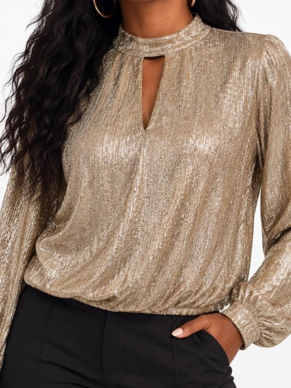 Y2K Party Glam Metallic Gold Blouse Express Keyhole Top L